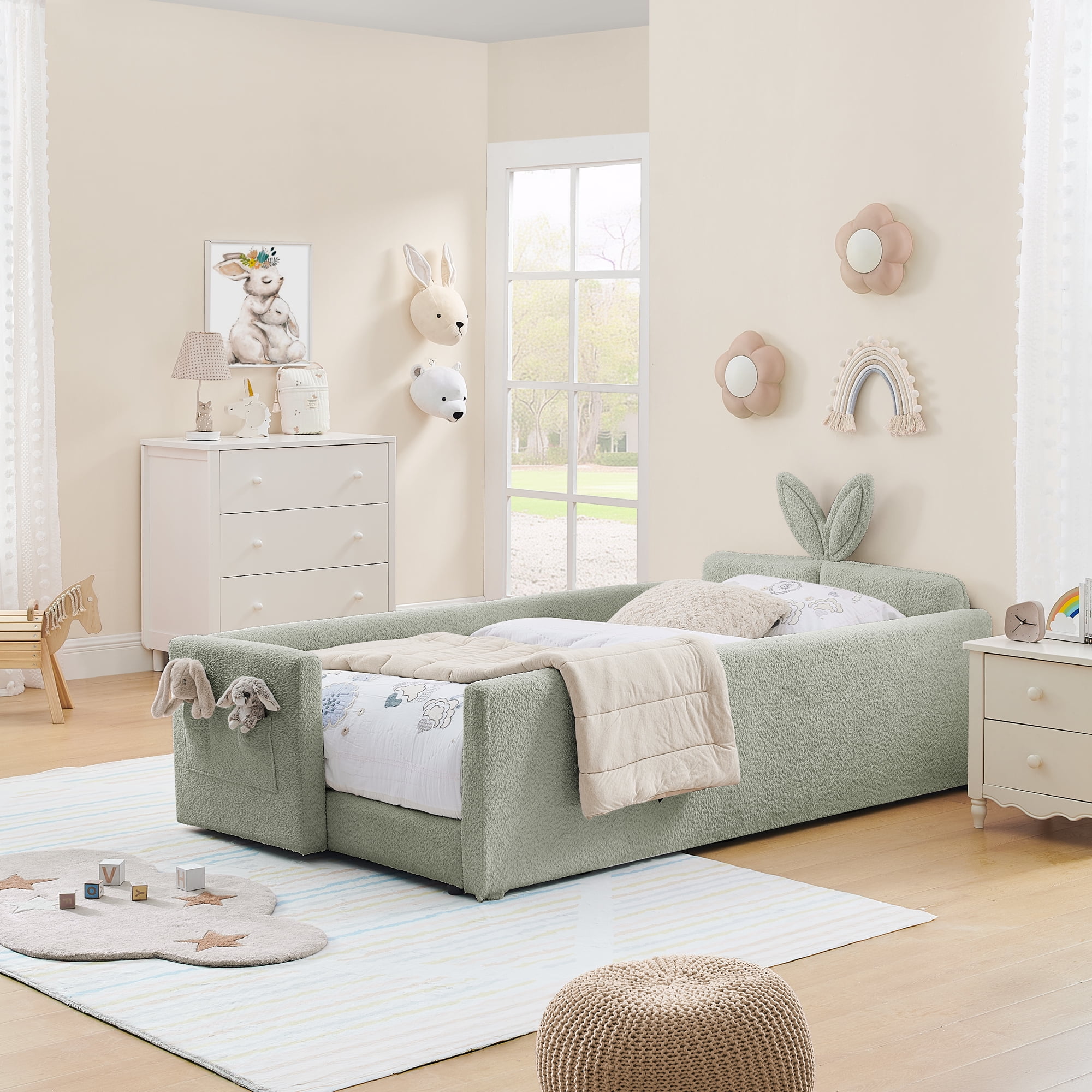 Oufan Twin Size Platform Bed w/ Rabbit Ear Shaped Headboard, Boucle Bed Frame w/ Safety Rail & Wooden Slats Support for Girls, No Box Spring Needed
