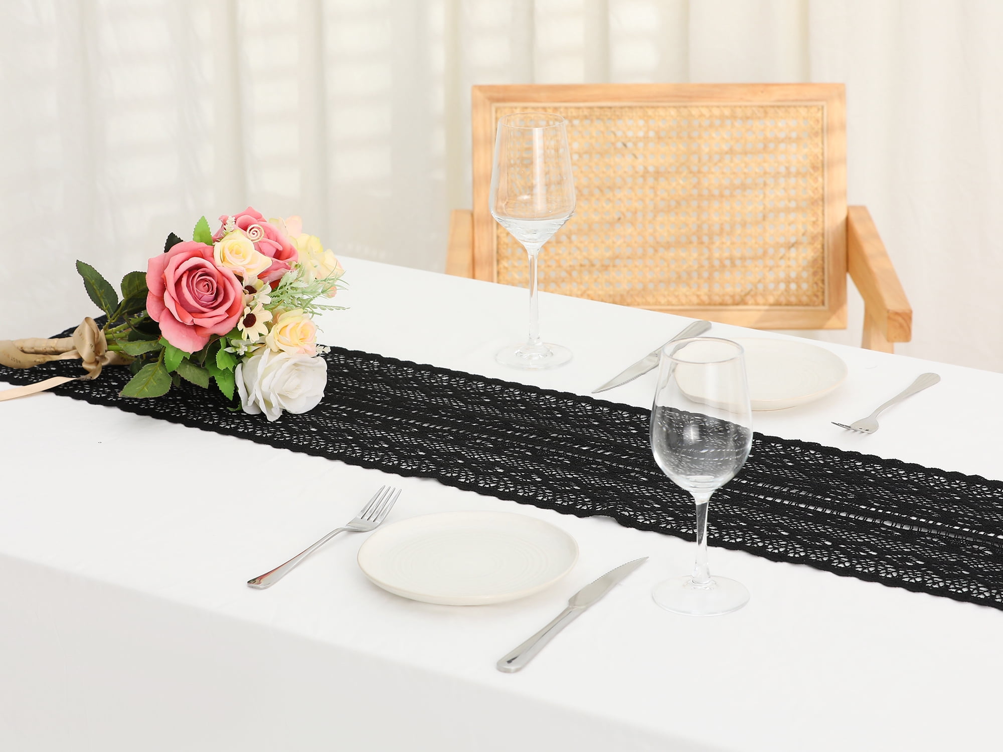 Unique Bargains Table Runners with Lace Tassel Table Flags for Casual Daily Decoration Black 9"x71"