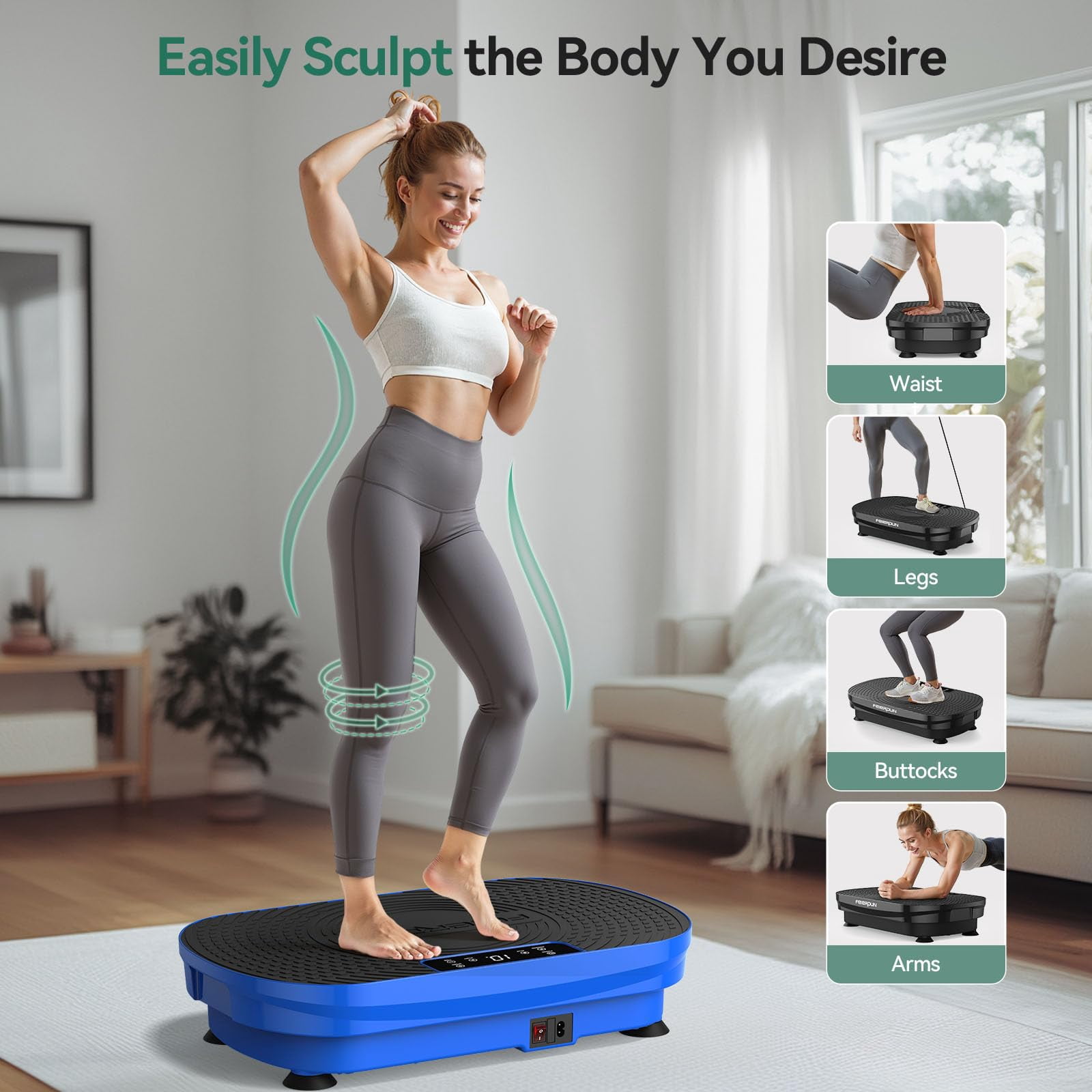 UPGO Vibration Plate Exercise Machine, Lymphatic Drainage Machine, Whole Body Workout Vibration Platform w/ 2 Resistance Bands for Weight Loss, Toning & Wellness-Blue