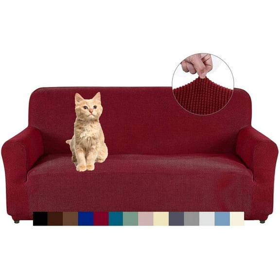 Nvzi Stretch Loveseat Couch Cover Waterproof Sofa Covers for 2 Cushion Couch, Dog Cat Pet Proof Love Seat Slipcover Jacquard Furniture Protector with Elastic Bottom (Loveseat, Wine Red)