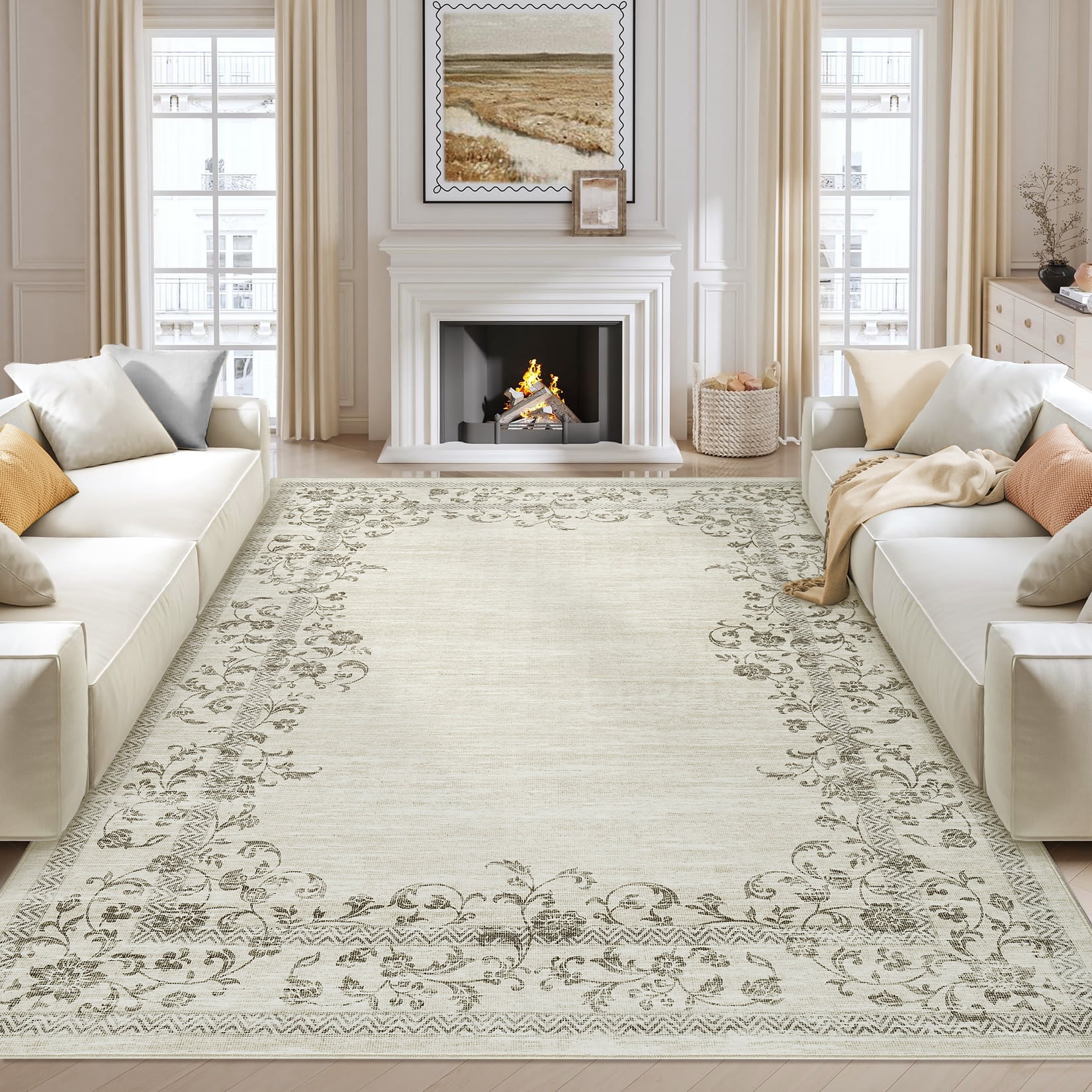 Garvee 8'x10' Area Rugs, Oriental Rug Floral Print Rugs Soft Washable Rugs for Living Room Bedroom Home Decor, Non-Slip Durable Carpet, Beige