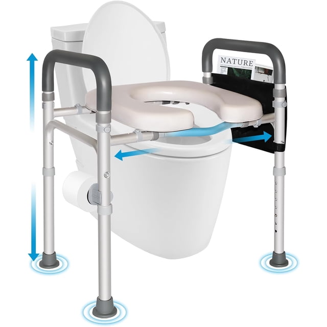 Raised Toilet Seat with Handles Elevated Toilet Seat Riser for Seniors with Adjustable Height &; Toilet Rails with Storage Bag for Elderly Disabled Fit Any Toilet (Grey)