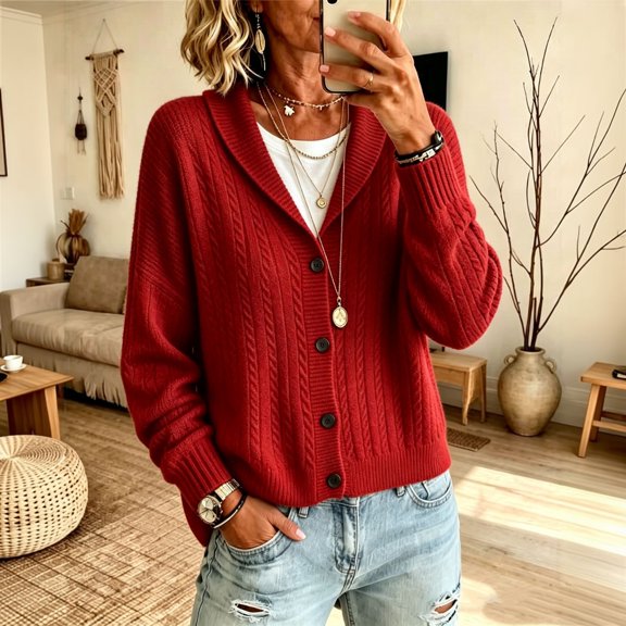 Women Loose Fit Shawl Collar Cable Knit Cardigan Button Front Long Sleeve Casual Knit Outerwear, M