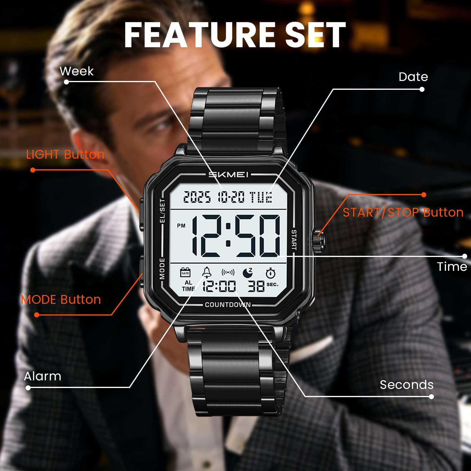 SKMEI Mens Digital Watch Sports Waterproof Outdoor Large Face Military Watches for Men with Stopwatch LED Back Ligh Alarm