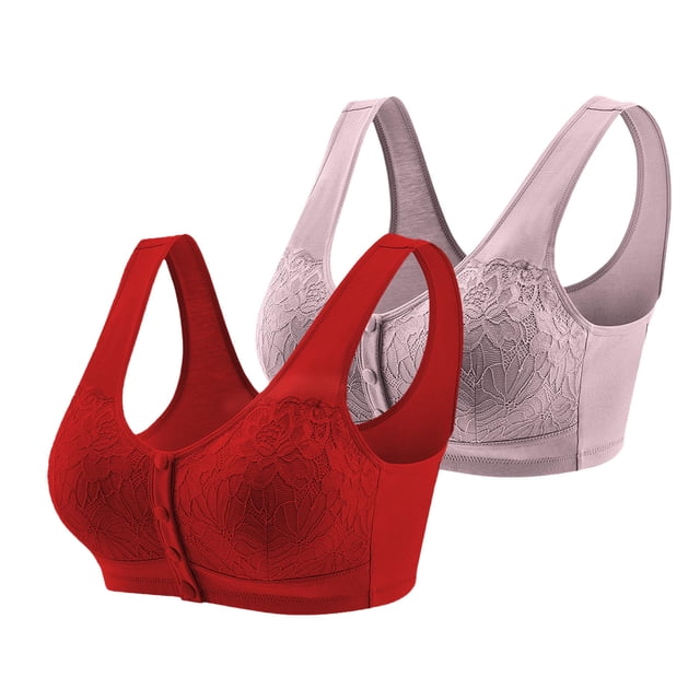 2Pc Wireless Push Up Bras for Women - Woman's Solid Color Lace Front Buckle Elastic Style Large Size Bra without Steel Rim - White