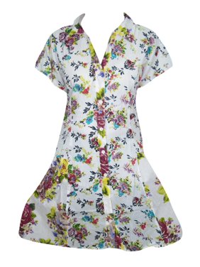 Mogul Women White Floral Button Front Long Dress Cap Sleeves V-Neck Cotton Dress