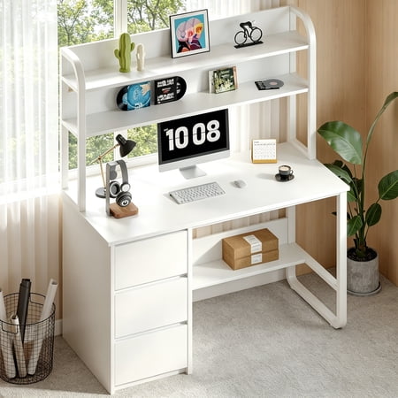 4 Ever Winner Computer Desk with Hutch, Home Office Desk with Drawers and Shelves, Wood Writing Study Desk, White