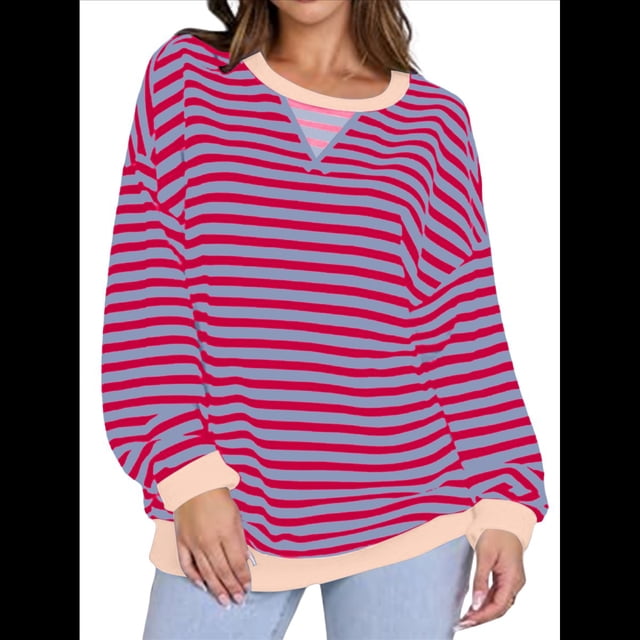 Sudaderas A Rayas para Mujer, Camisetas de Larga con Cuello Redondo de Gran Tamaño, Jersey Y2K, Ropa de Moda de Otoño Rosa Púrpura XL