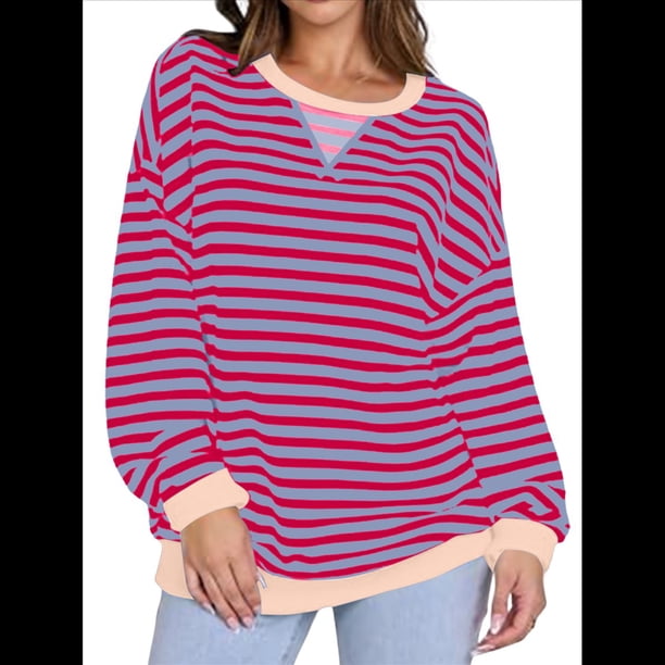 Sudaderas A Rayas para Mujer, Camisetas de Larga con Cuello Redondo de Gran Tamaño, Jersey Y2K, Ropa de Moda de Otoño Rosa Púrpura XL