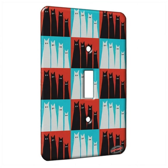 KuzmarK™ Single Gang Toggle Switch Wall Plate - Long and Tall Black Spooky Kitties Abstract Cat Pattern Art by Denise Every
