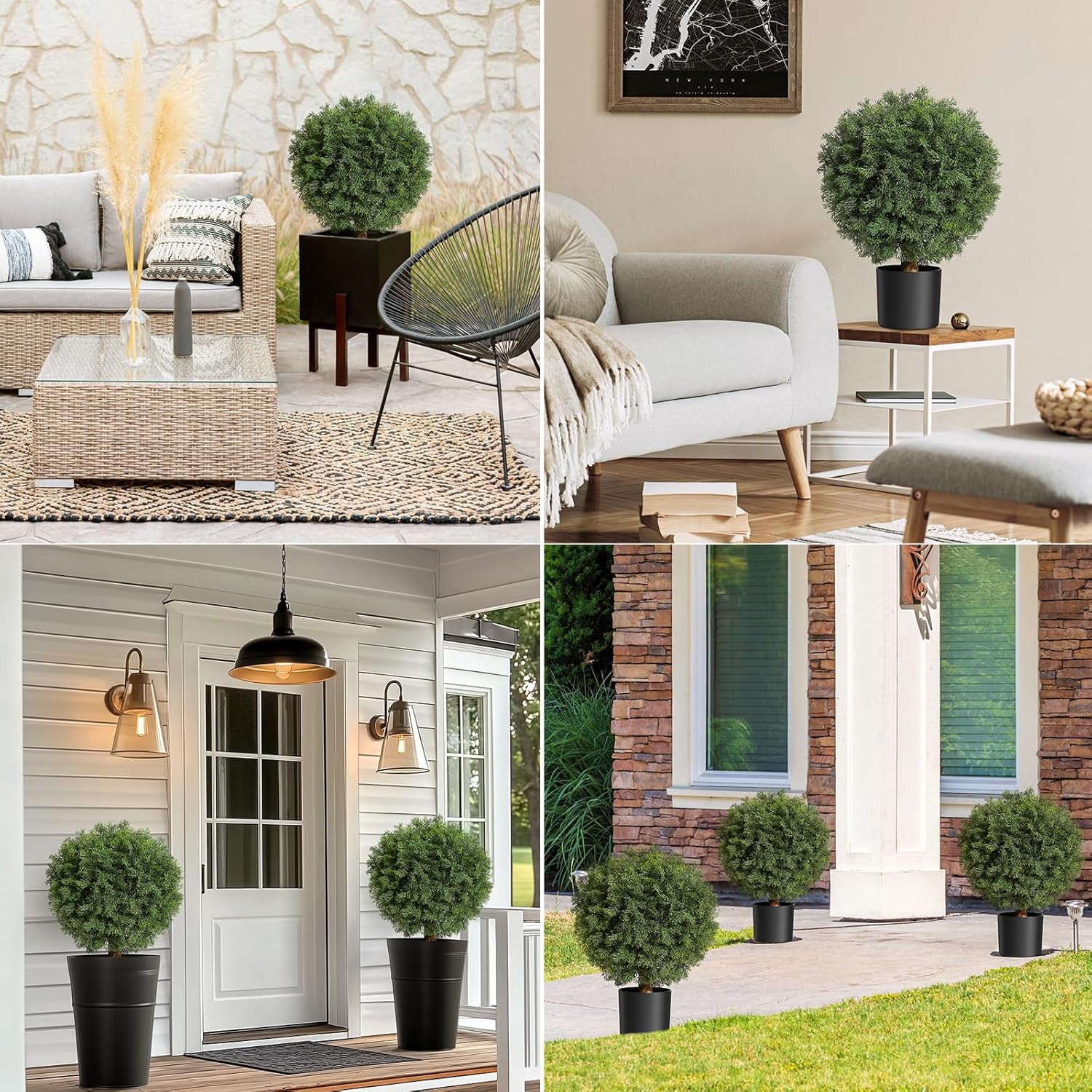 24inch Home Artificial Cedar Topiary Ball Trees with Potted, Fake Cedar Plants Artificial Shrubs Bushes Ball Tree for Front Door Porch Garden Backyard Decor (2 Pack)