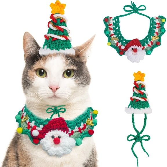 Christmas Cat Costumes - Cute Knit Santa Claus Christmas Tree Costume for Puppy Dogs Cats, Kitten Collar Hat for Holiday Party, Pet Apparel Xmas Outfit for Small Animal, Dolls