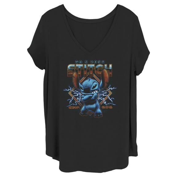 Junior's Lilo & Stitch 80s Rocker Stitch  Graphic Tee Black 1X