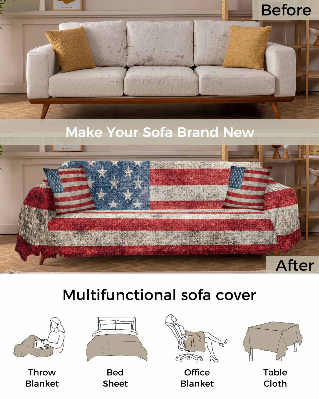 American Flag Sofa Covers for 3 Cushion Couch,Washable Sectional & L Shape Couch Covers for Dog/Cat/Kid,Rustic Chic Red Blue Star Stripes Non Slip Sofa Slipcover Tassel Futon Cover 71''x150''