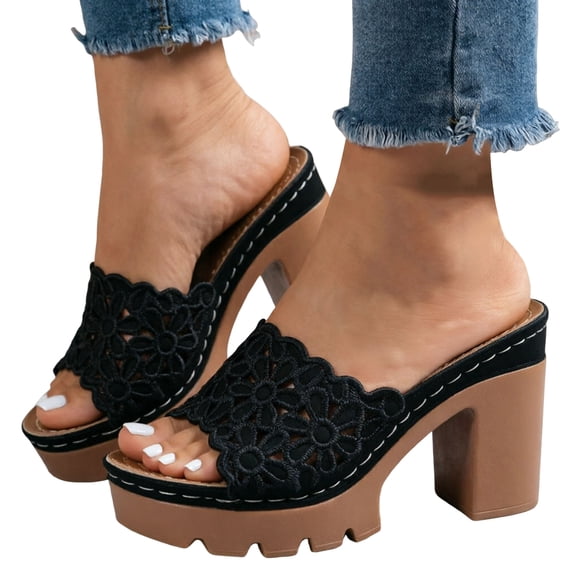 Rokment Platform Chunky Block High Heels Open Back Dressy Sandals for Women 2026 Summer Elegant Casual Flower Hollow out Slip on Heeled Dress Pumps Shoes Beach Black Size 6