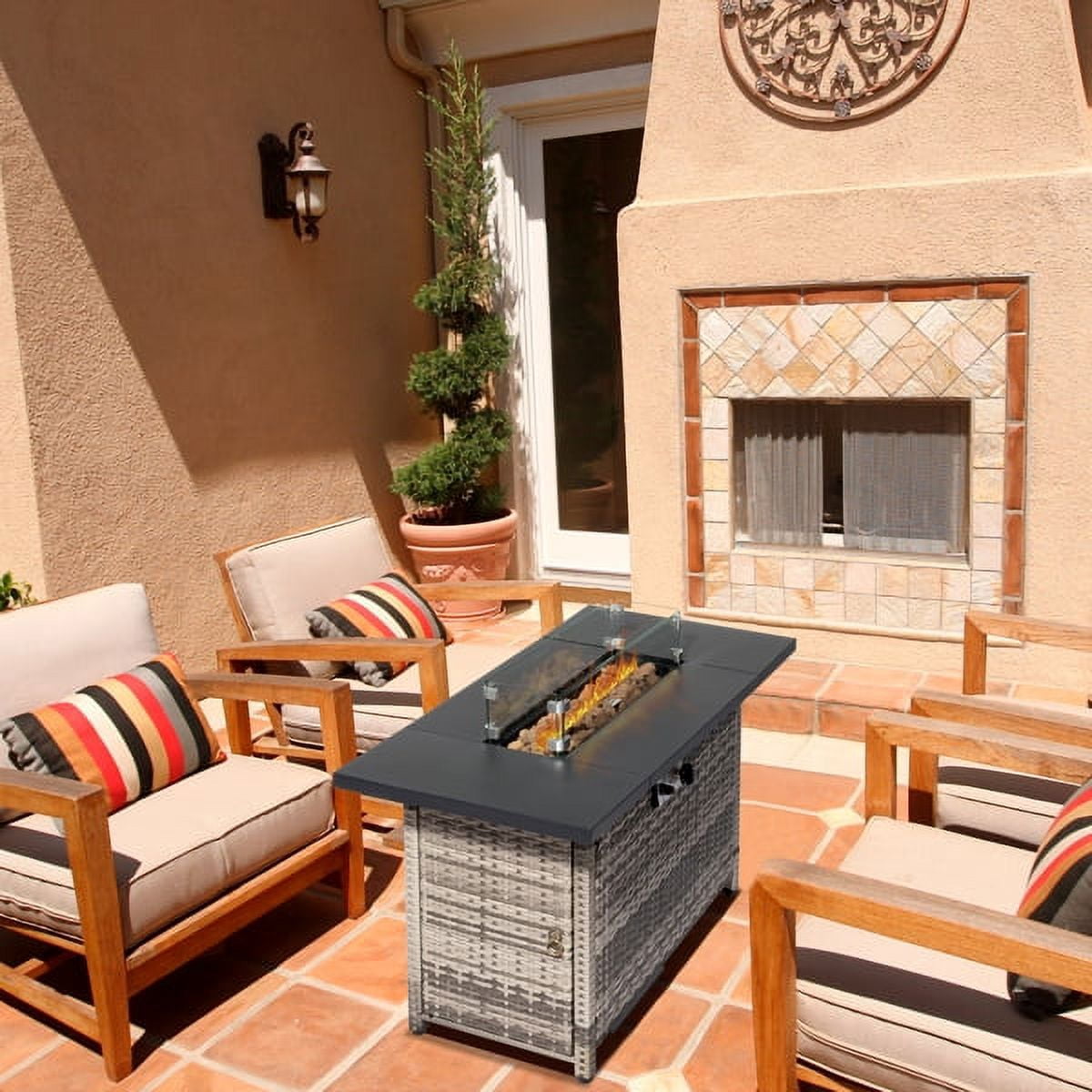 43" Rectangular Gas Fire Pit Table – 50,000 BTU CSA-Certified Outdoor Propane Firepit with Volcanic Stone & Glass Wind Guard