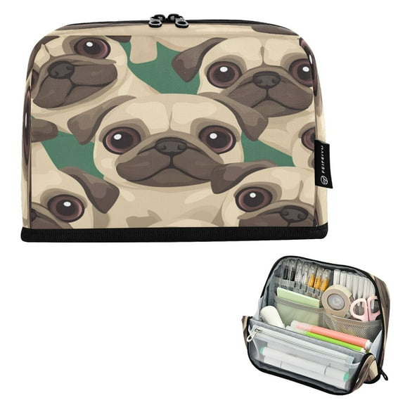Standing Pencil Case with Base Large Capacity Stationery Pouch Pen Bag with Zipper for Women Men Cartoon-style Beige Pugs