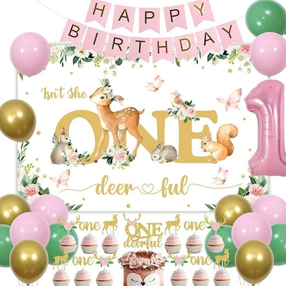 Isn't She Onederful Girls 1st Birthday Decorations, Deer First Birthday Party Supplies for One Year Old Girl - Floral Backdrop Balloons Cake Cupcake Toppers, Woodland Animal Decors