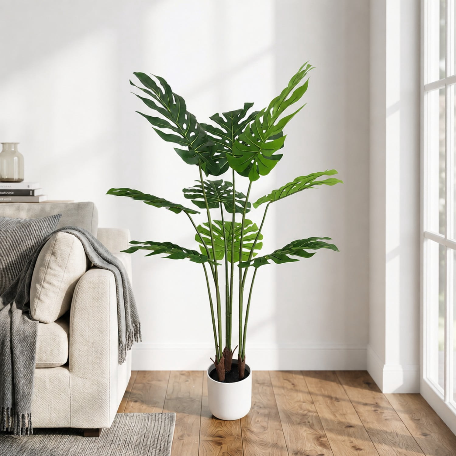 BEAUTYPEAK 4.1FT Artificial Plant Fake Indoor Monstera Plant Decorative Outdoor Greenery in White Pot