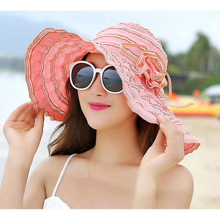 Bangcool Womens Sun Straw Hat Wide Brim Summer Hat Foldable Roll Up Floppy Beach Hats for Women, Women's, Size: One size, Pink
