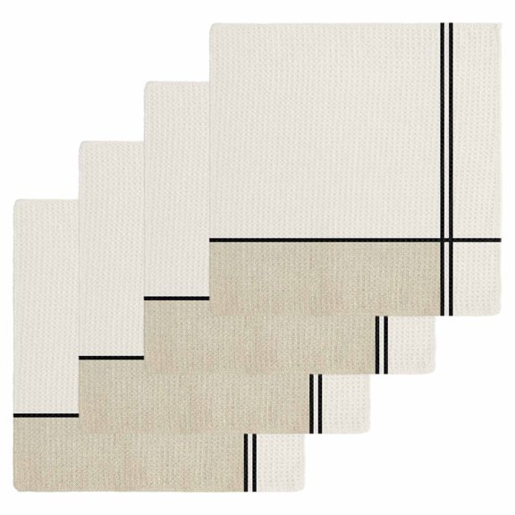 Beige Geometric Kitchen Dish Towels for Drying Dishes Set of 4, Modern Color Block Black Lines Abstract Art Waffle Weave Microfiber Hand Tea Bathroom Towels Quick Dry & Absorbent Towel 12x12
