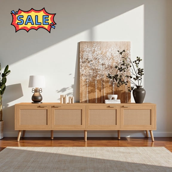 Tcbosik Farmhouse TV Stand for TVs up to 80 inch, Media Console with 4 Rattan Doors, 70" Entertainment Center for Living Room, Natural
