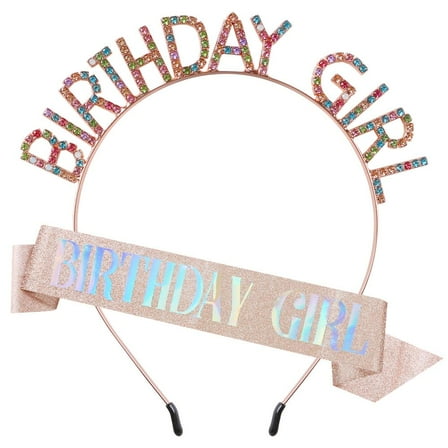 FGY 2 Pack Birthday Sash and Crown for Woman Rose Colorful Birthday Girl Tiara Sash Parties Accessories Set