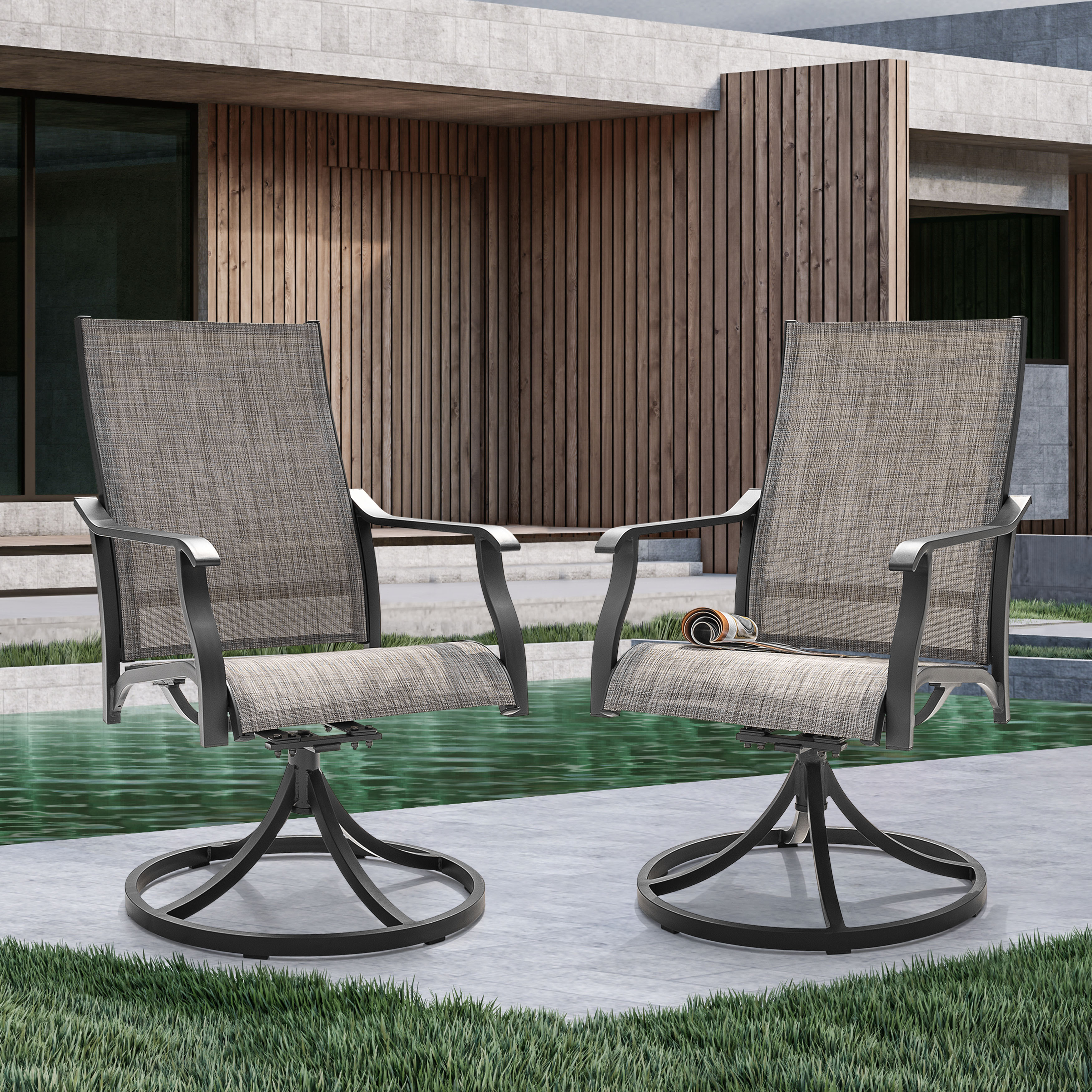 Nuu Garden Swivel Patio Chair Set of 2, All-Weather Textilene Outdoor Dining Chairs with High Back, Outdoor Dining Chair Set, Grayish Brown