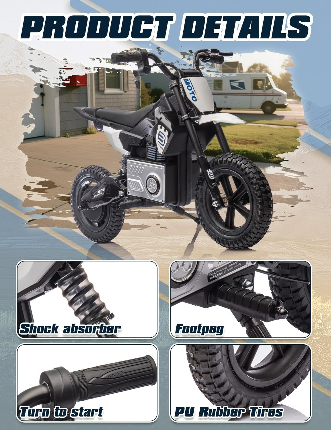 NovaDrive 24V Kids Ride On Electric Motocross Motorcycle with 200W High Speed Hub Motor, Rear Wheel Shock Absorber, Adjustable Speed, LED Lights, Bluetooth Music, Speeds 3.11-9.32 MPH, Ages 5-12