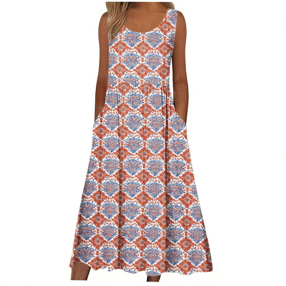 Edvintorg Long Summer Dresses for Women Casual Printed Crewneck Sleeveless Floral Dress with Pocket Womens Clothing Maxi Dresses for Women 2026 Multicolor M