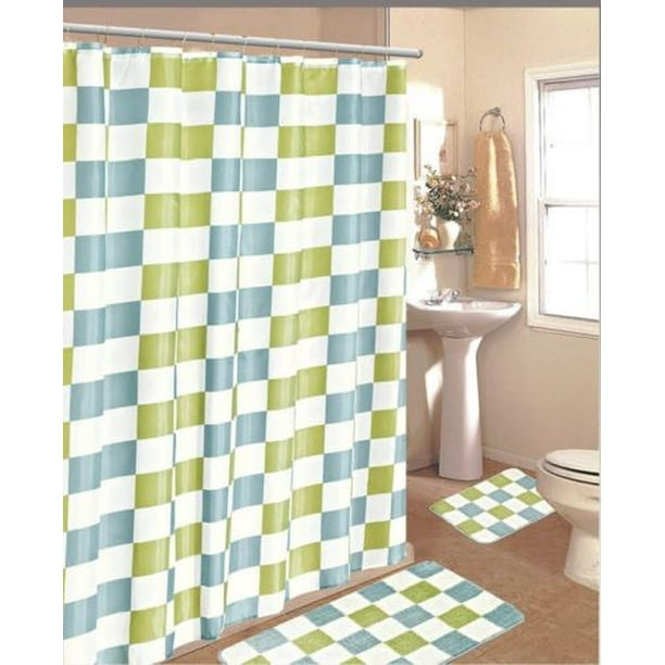 Blue 15Piece Green Checkered Bathroom Set W/ Bath Rugs Shower Curtain