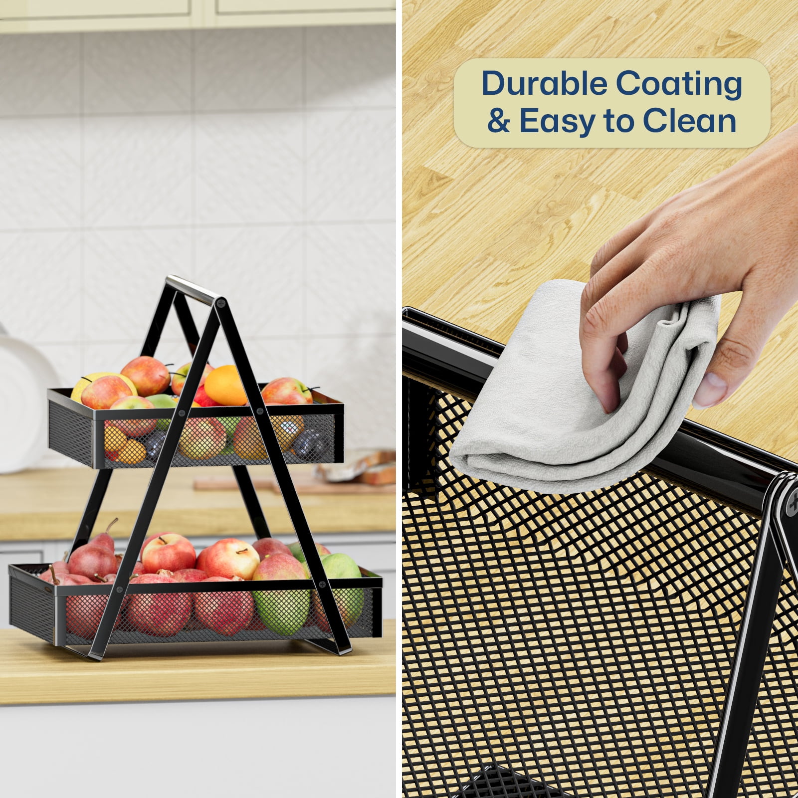 2 Tier Fruit Basket Kitchen Organizer Black Metal Handle for Fruits Vegetables Countertop Pantry Dining & Picnic