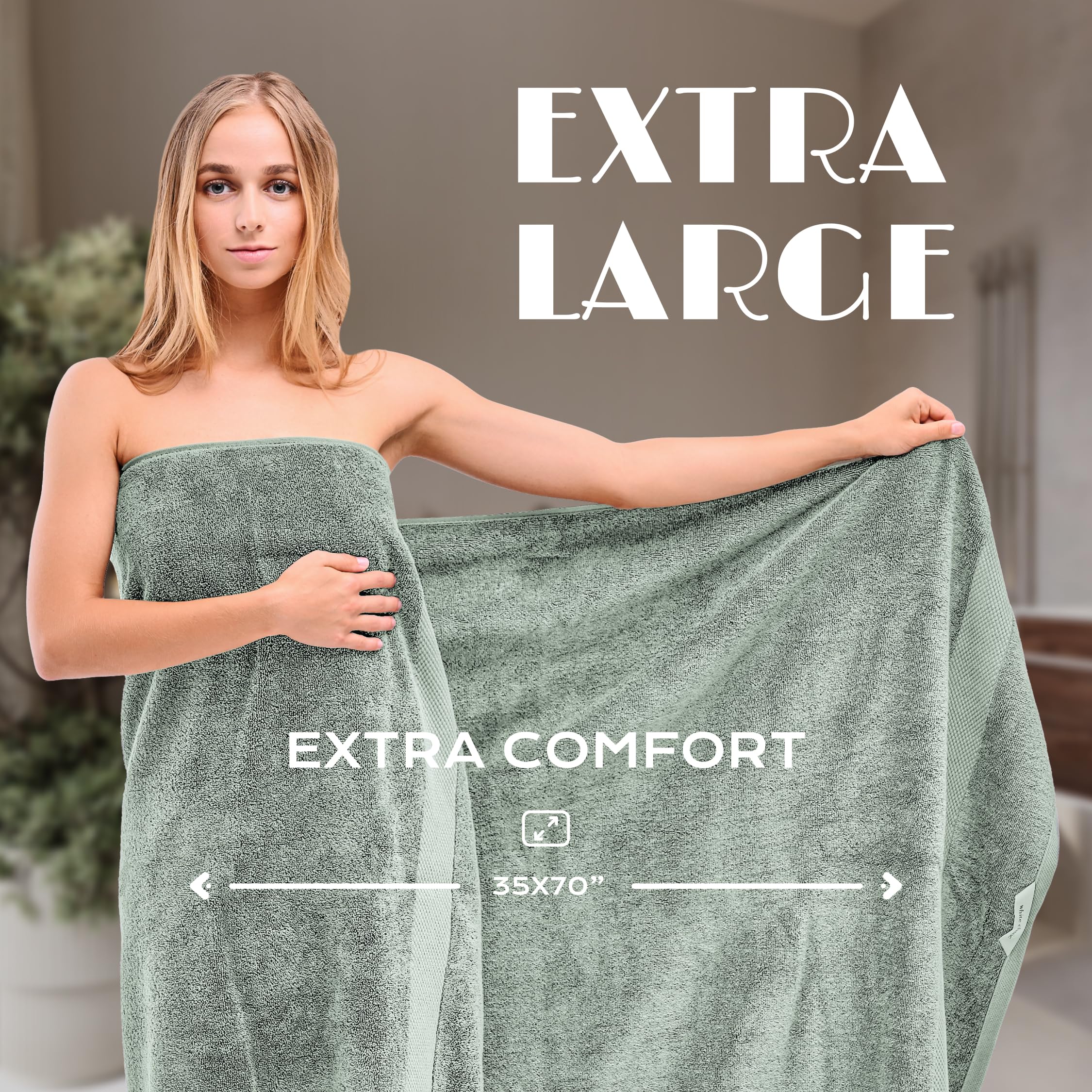 White Classic Luxury 650 Gsm Cotton Bath Sheet Towels, Extra Large Bathroom Towels Oversized, Green, 35 x 70, 2 Pack