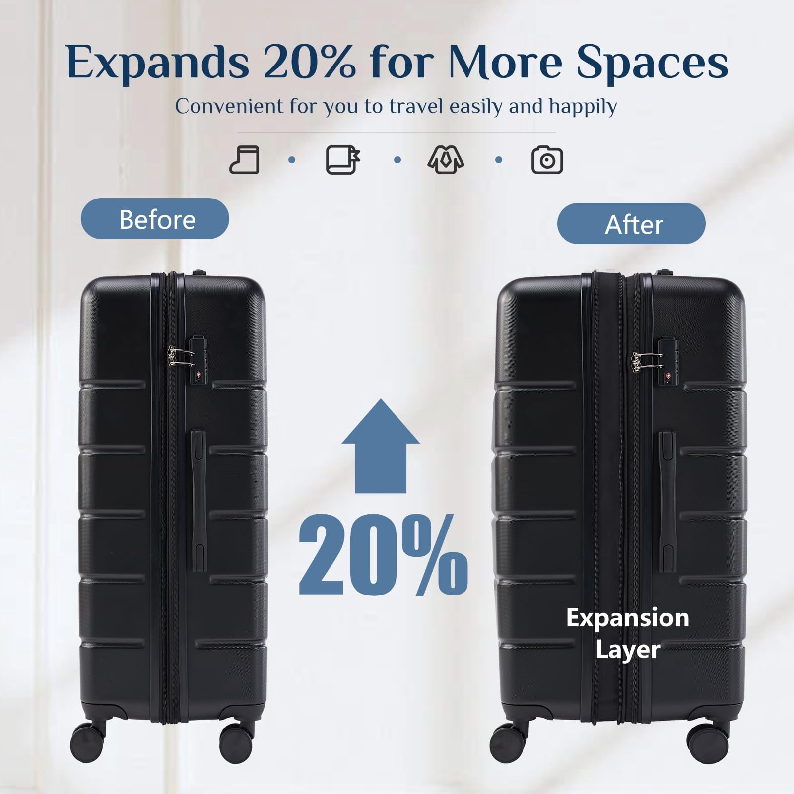 Kelno Carry On Luggage with Spinner Wheels ABS Hard Shell Suitcase Expandable Rolling Luggage with TSA Lock, Black