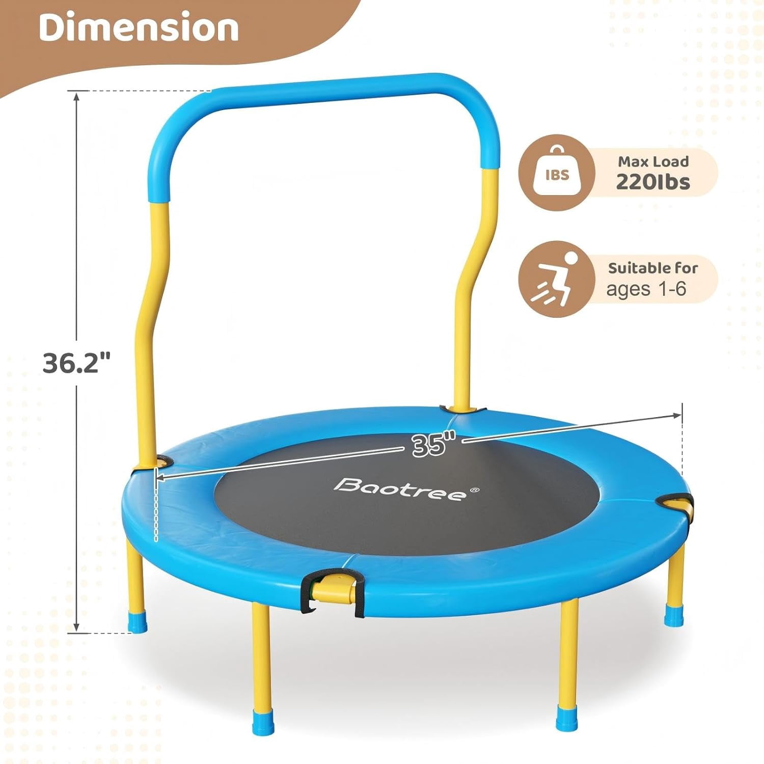 36 Inch Mini Trampoline for Kids, Indoor Outdoor Trampoline with Foam Handle, Max. Load 220 lb, Rebounder Trampoline for Toddlers, Birthday Gift for 1-6 Years Children, Boys Girls for Fun Blue