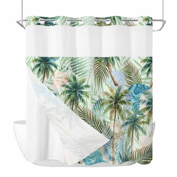Tropical Plants No Hook Shower Curtain with Snap in Liner, Waterproof Fabric Shower Curtains, Summer Coastal Beach Coconut Tree Green Shower Curtain Set Top See Through for Bathroom 72"x78"