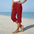 thumbnail image 2 of Womens Summer Linen Capris Loose Fit Straight Leg Work Pants Pull On Bobo Capri Pants Cropped Casual Lightweight Beach Trousers Pockets with Pockets(Red,L), 2 of 5