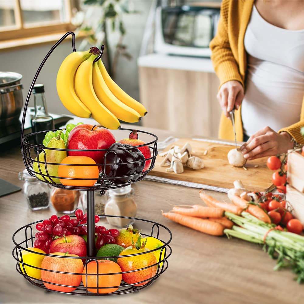 SAYZH 2-Tier Fruit Basket Bowl Vegetable Storage with Dual Banana Tree Hanger and Wood Lift Handle, Kitchen Countertop Metal Wire Basket for Bread