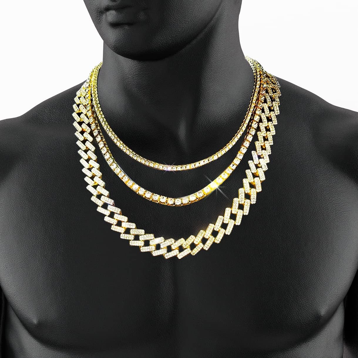 HH Bling Empire Gold Tennis and Cuban Link Chain for Men,Iced Out Mens  Diamond Cuban Chain Necklace Sets,Hip Hop Rapper Jewelry Chains,3 Pcs  18/20/24 Inch (Set D-Silver) 
