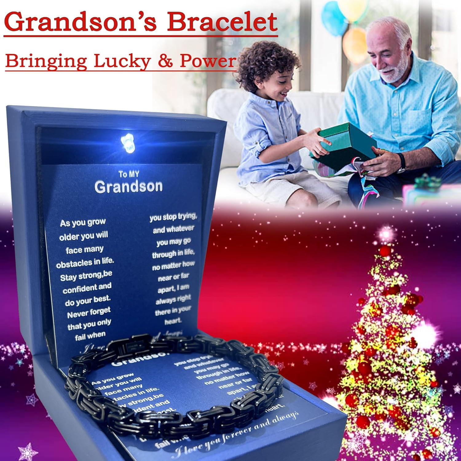 To My Grandson Bracelet Grandson Gifts From Grandma Grandparents Graduation Birthday Christmas Gifts With Message Card＆LED Gift Box