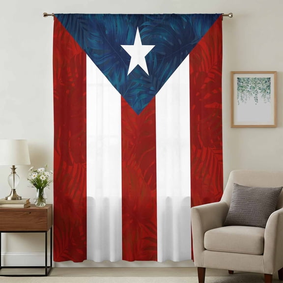 Puerto Rico Flag Sheer Curtains 45 Inches Long, Palm Leaf Botanical Red Striped Blue Star Light Filering Curtains, Breathable Simi Curtain Privacy Drapes for Kitchen Bathroom Small Window Treatment
