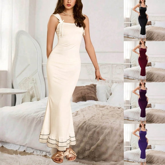 Aboser Women's Strappy Nightgowns Slim Fit Maxi Sleep Dress Elegant Boudoir Outfits Sleepwear Casual Soft Sleeveless Nightshirts Lace Up Ruffle Hem Loungewear