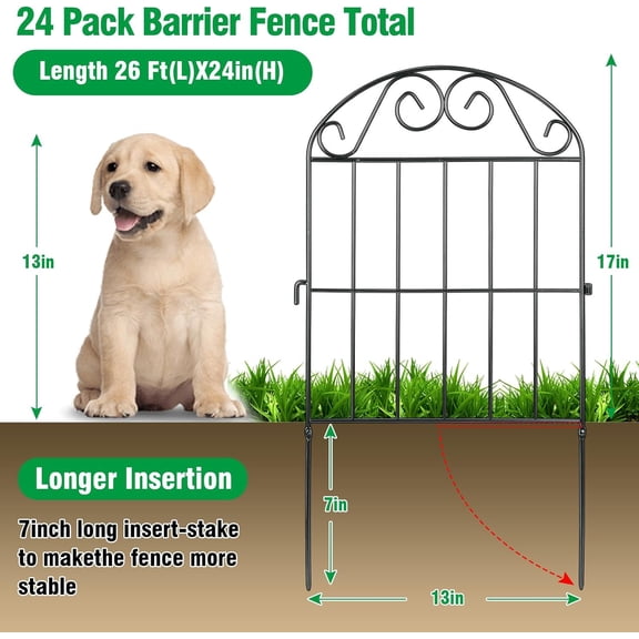 24-Piece Collapsible Garden Fence – Black Rustproof Metal Wire, 26ft L x 24in H, Arched Panels – Ideal for Dogs, Rabbits, Garden Beds, Flower Edging, Yard, Patio