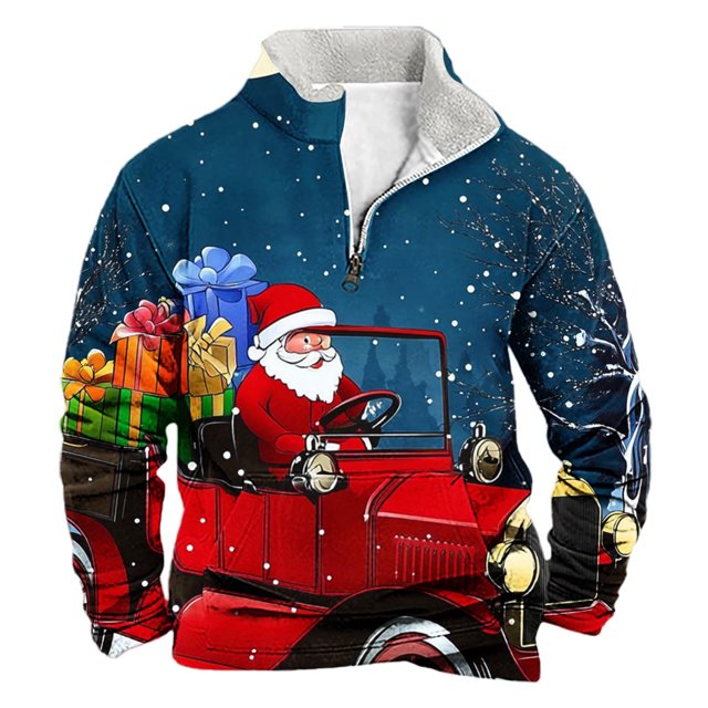 Sudadera sin capucha para hombre, de invierno, con cuello alto, cremallera, estampado navideño, jersey de manga larga, sudadera con capucha, blusa de poliéster para hombre