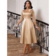 thumbnail image 4 of Khaki Womens Elegant Floral Appliqué Midi Dress With Sheer 3/4 Sleeves And A-Line Skirt For Wedding Cocktail, 4 of 7