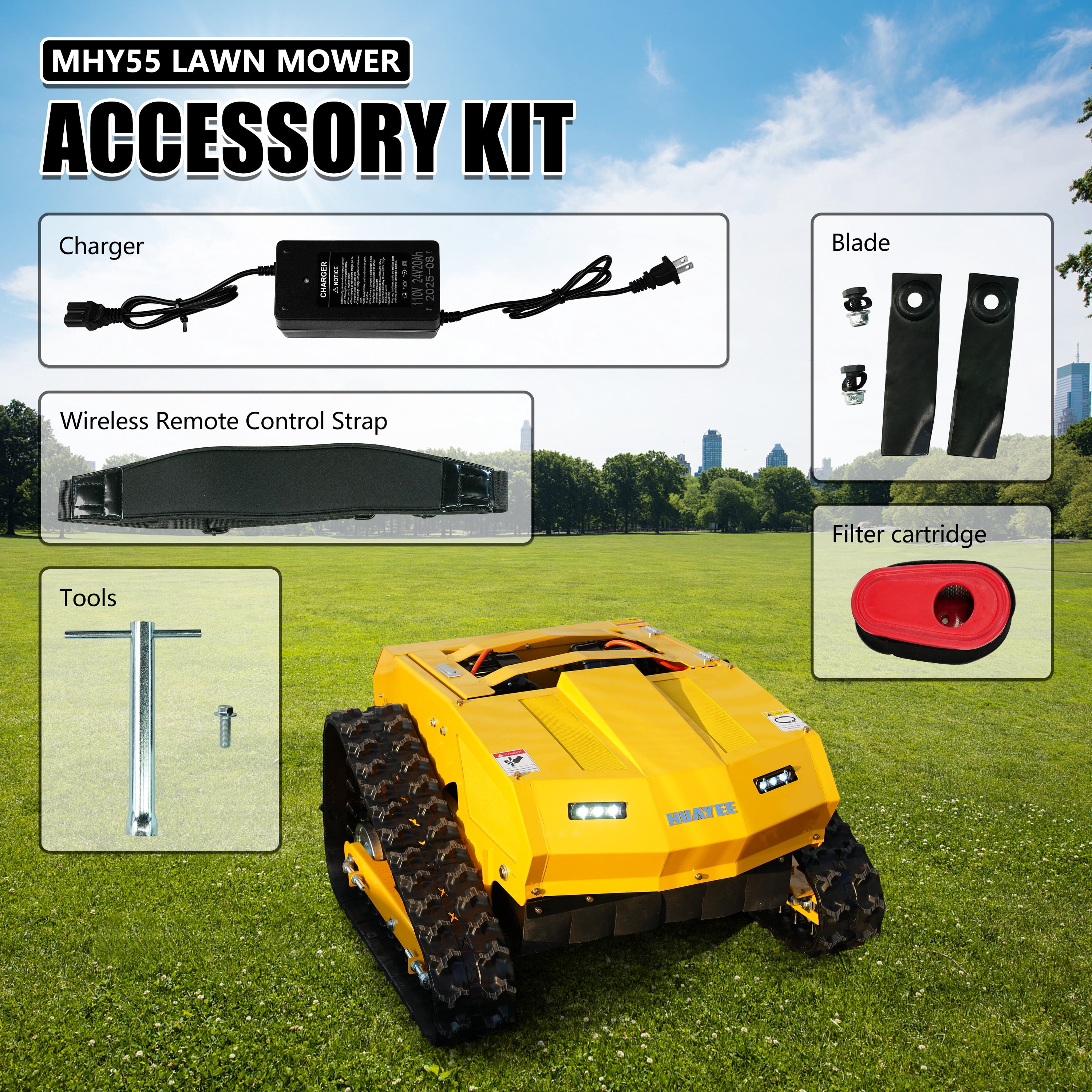HUAYEE MHY55 224cc Remote Control Lawn Mower - Hybrid Crawler with Pure Copper Brushless Motor - All-Terrain Grass Cutter, 45° Climbing, 200m Remote Control