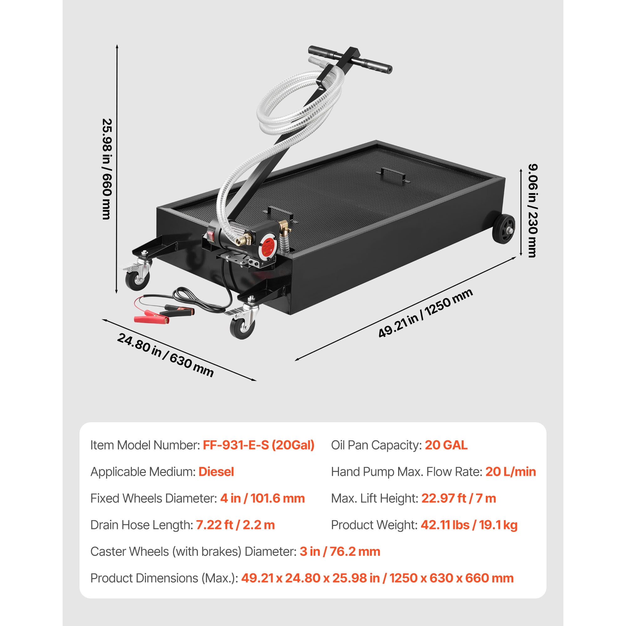 KFFKFF 20-Gallon Low Profile Oil Drain Pan with Electric Pump and 7.2 ft Hose, Durable and Leak-Resistant Design for Cars, SUVs, Trucks, Motorcycles, and ATVs