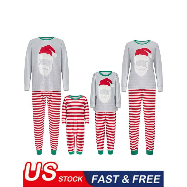Christmas Family Matching Pajamas Set, Long Sleeve Crew Neck Santa Claus Print Tops with Striped Pants