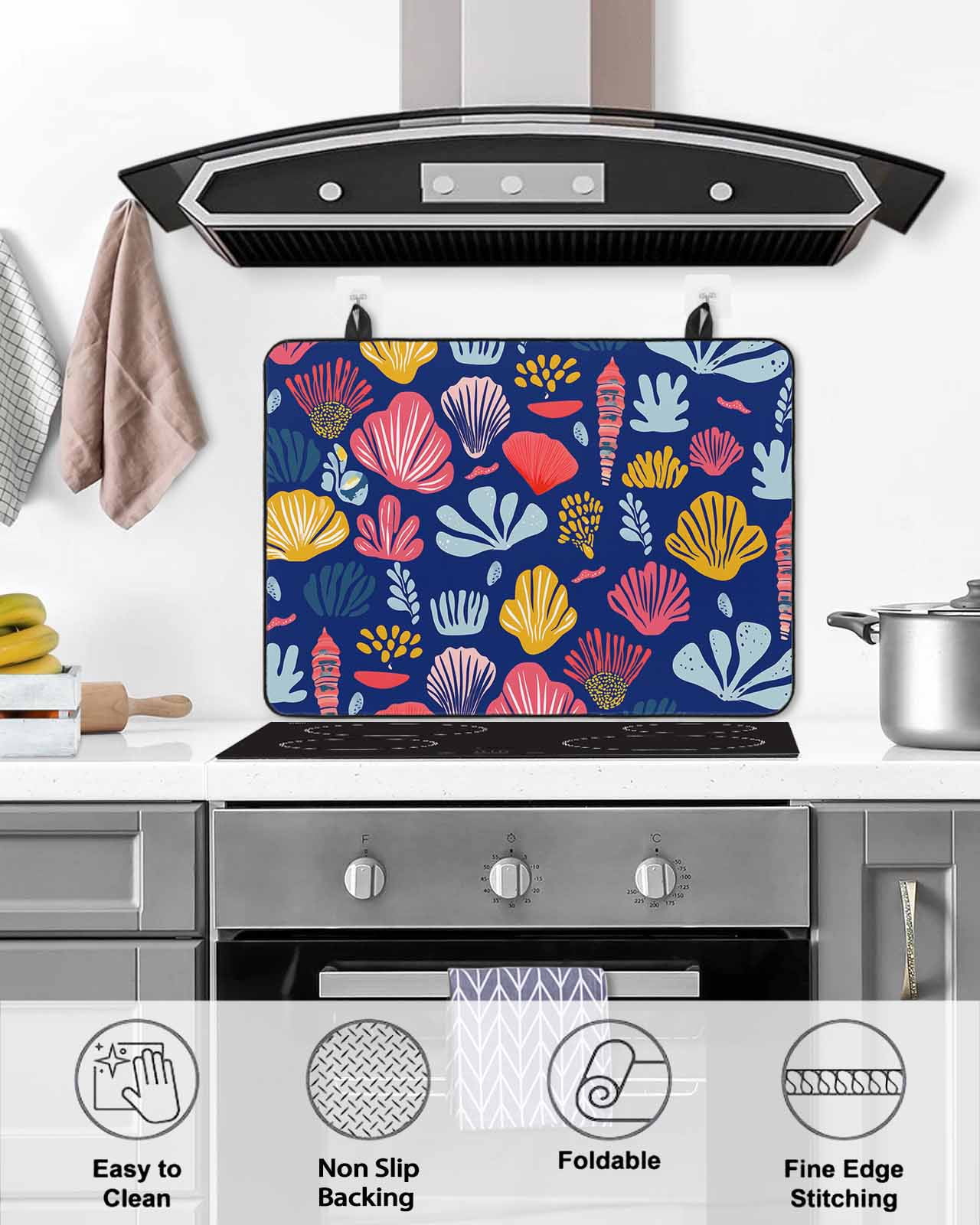 nqOlkjepod Large Induction Cooktop Protector Mat 24"x21", Blue Coastal Stove Top Covers for Electric Stove, Watercolor Summer Ocean Seashells Conch Stove Burner Cover Mats, Glass Top Stove Cover