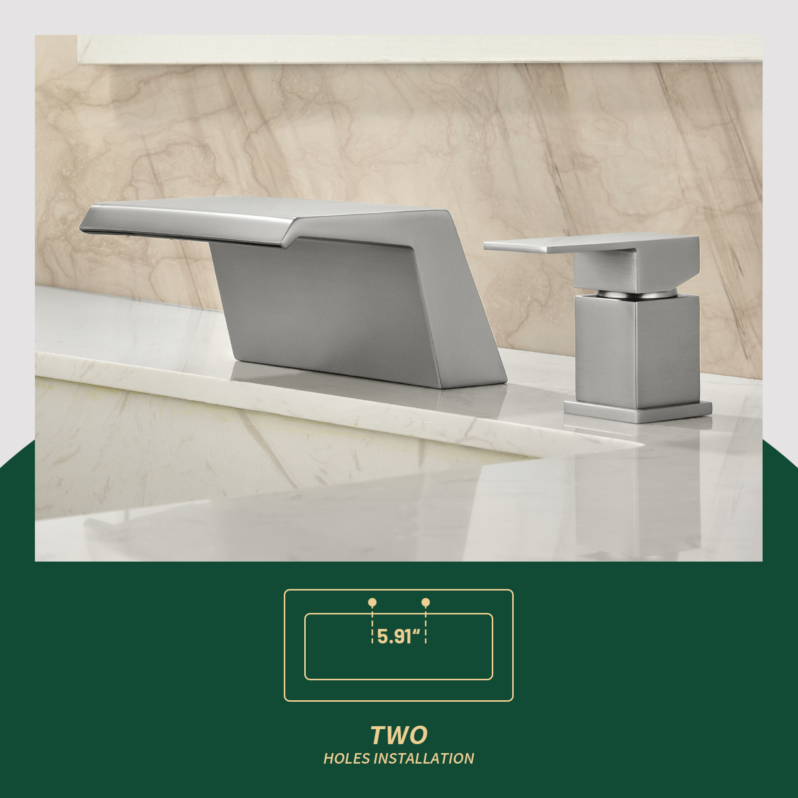 Cobbe Single Handle 2-Hole Mount Bathroom Sink Faucet with Wide Waterfall Spout Brushed Nickel